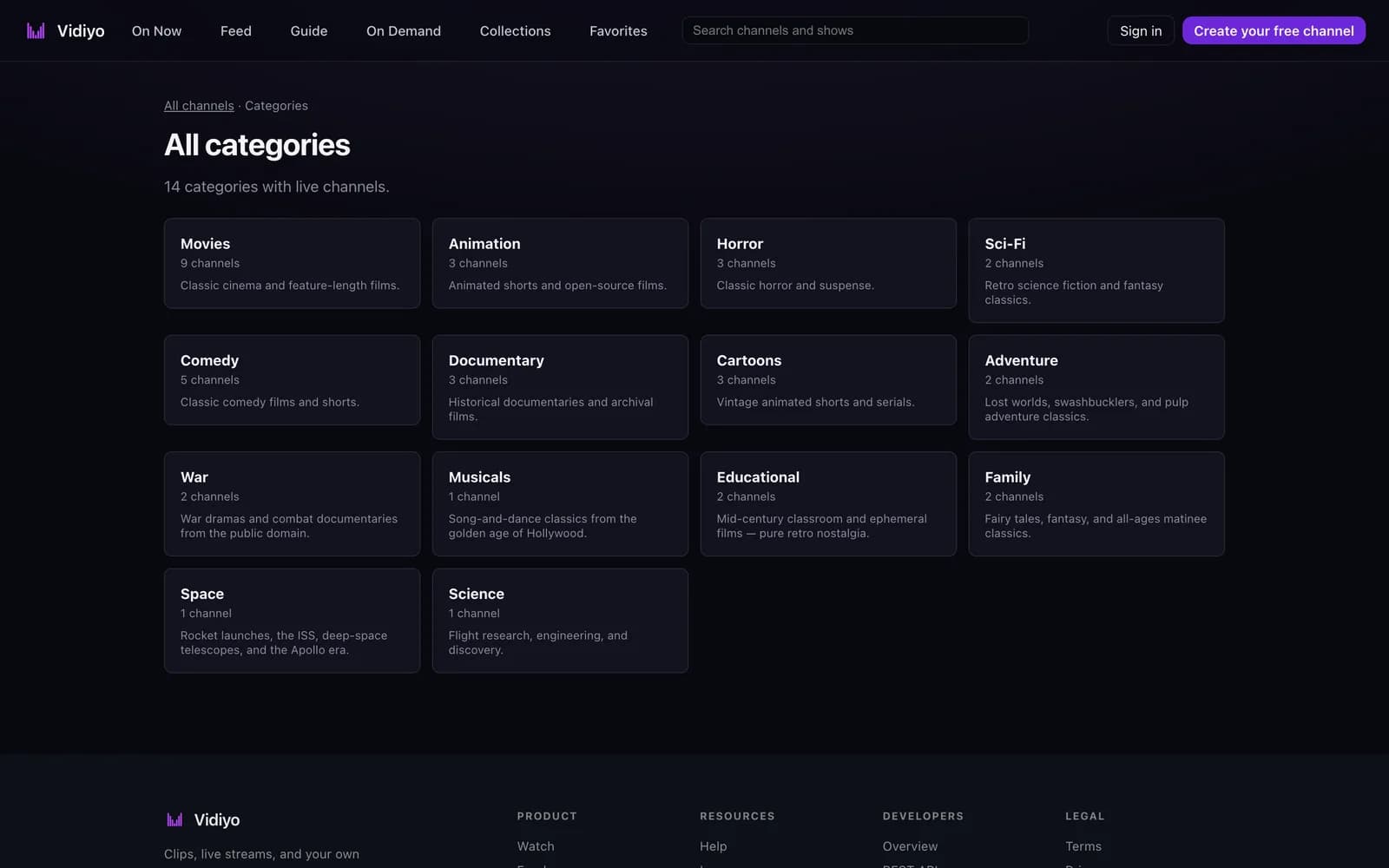 The All categories page: a breadcrumb reading All channels, Categories, the heading All categories, the line 14 categories with live channels, and a grid of cards such as Movies with 9 channels, Animation with 3 channels, Horror with 3 channels, Sci-Fi with 2 channels, Comedy with 5 channels, and Documentary with 3 channels, each with a short description