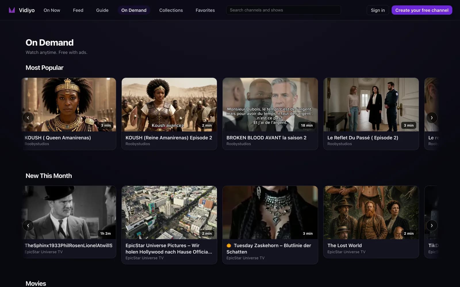 The On Demand page: the heading On Demand with the line Watch anytime. Free with ads., a Most Popular rail of title cards with running times such as 3 min and 18 min and channel names, a New This Month rail, and the start of a Movies rail