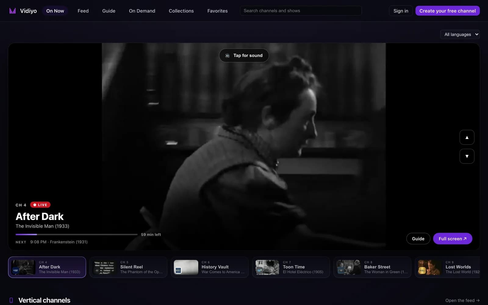 The On Now page on vidiyo.com: a black and white film playing full width with a Tap for sound button, a CH 4 LIVE badge, the channel name After Dark, the program The Invisible Man (1933), a progress bar reading 59 min left, a NEXT line, channel up and down arrows, Guide and Full screen buttons, and a row of channel tiles below.