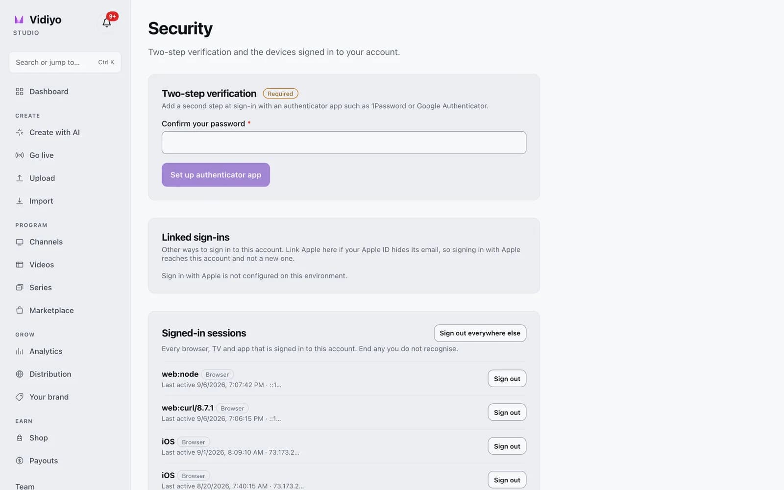The Security page with a Two-step verification card, a Linked sign-ins card, and a Signed-in sessions list with Sign out buttons.
