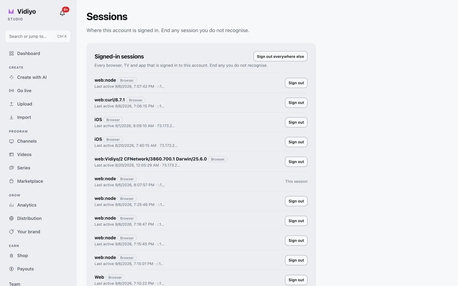 The Sessions page listing browsers and apps signed in to the account, each with a Sign out button, and a Sign out everywhere else button.
