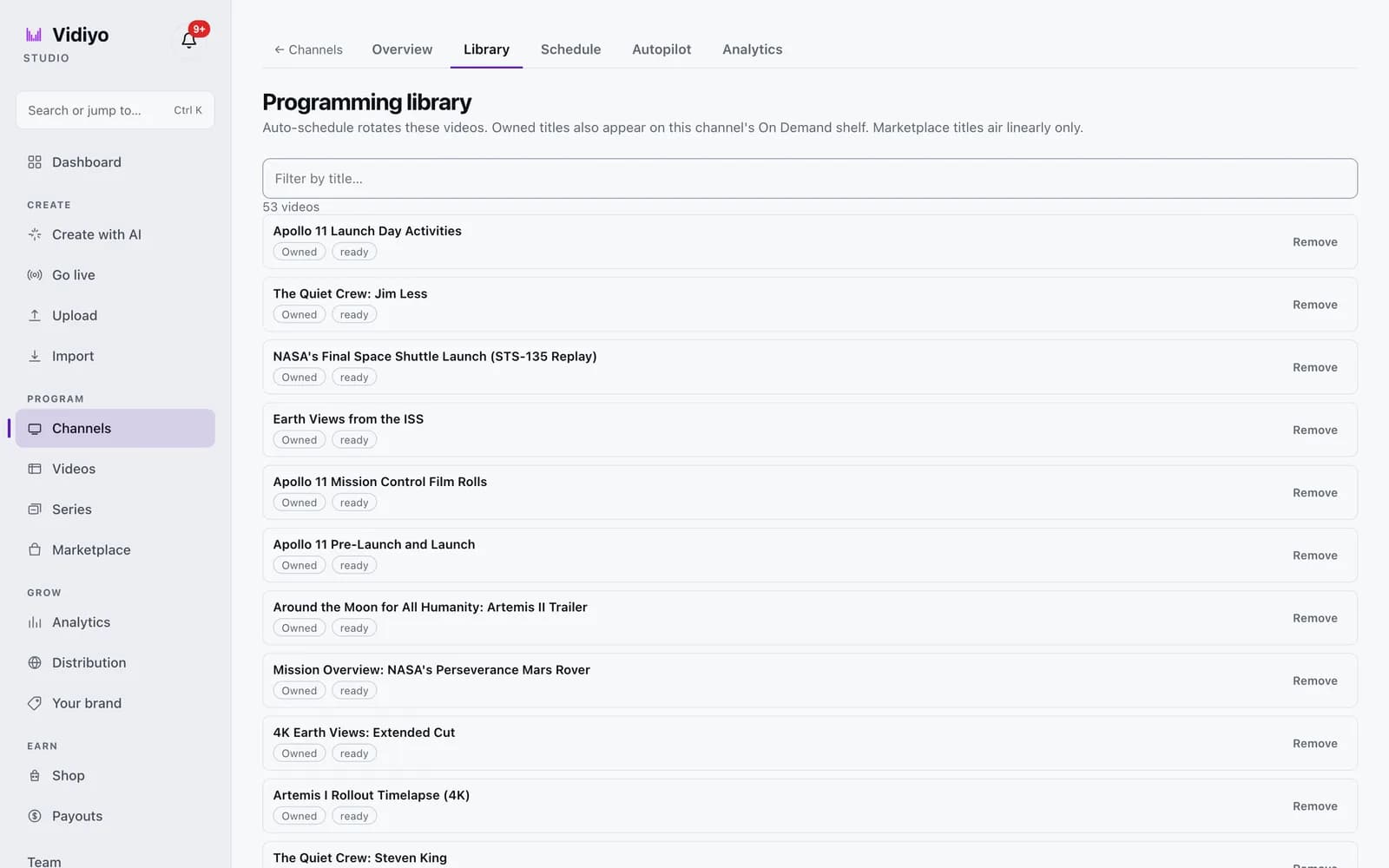 The Programming library tab listing 53 videos, each tagged Owned and ready, with a Remove button on every row
