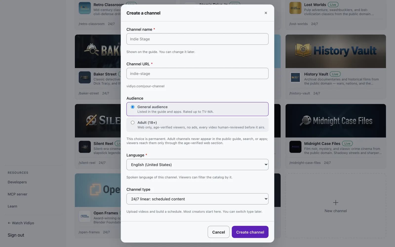The Create a channel dialog with Channel name, Channel URL, Audience, Language, and Channel type fields, and a Create channel button