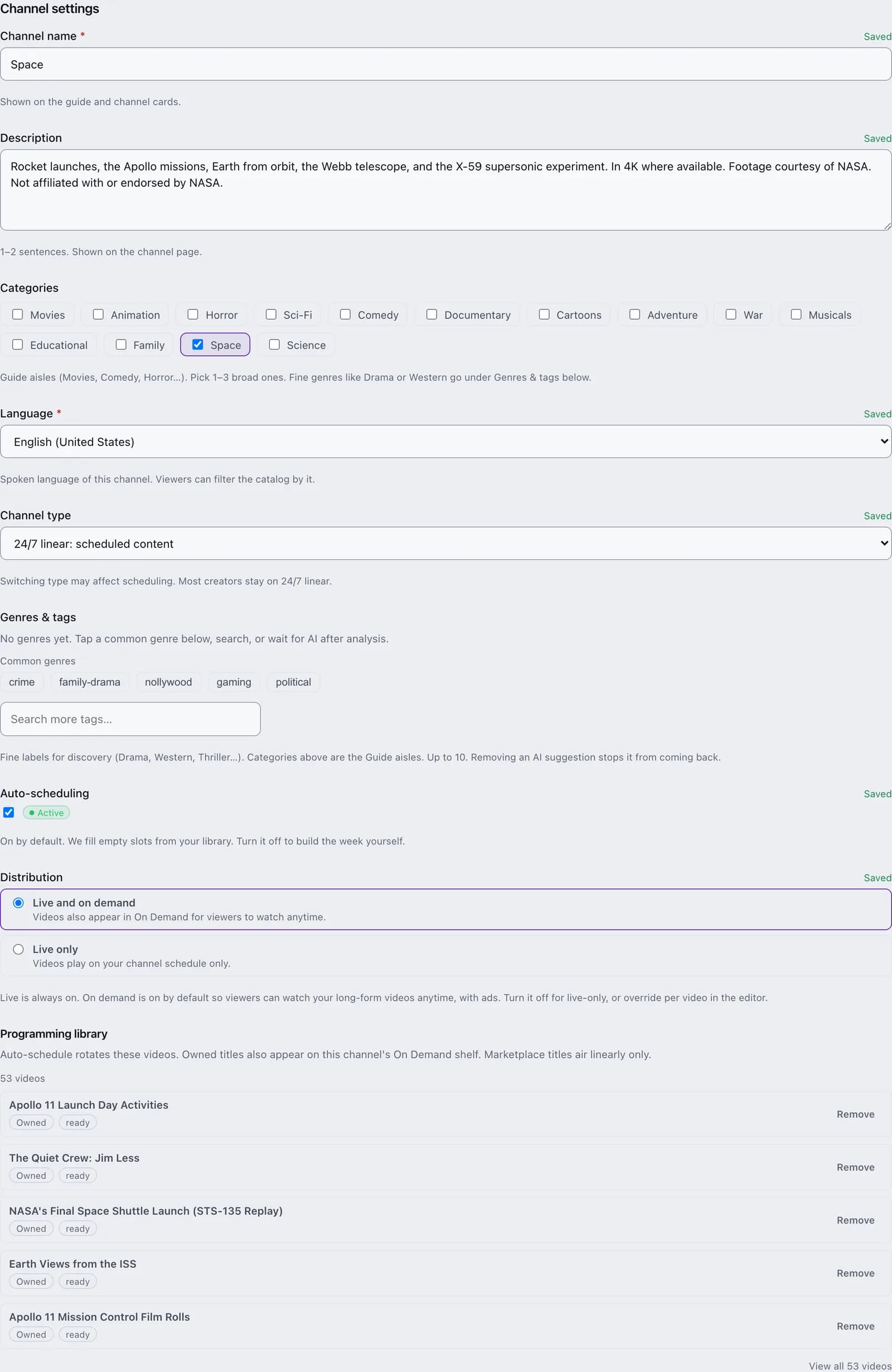 The Channel settings card with name, description, category checkboxes, language, channel type, genres and tags, auto-scheduling, and distribution options