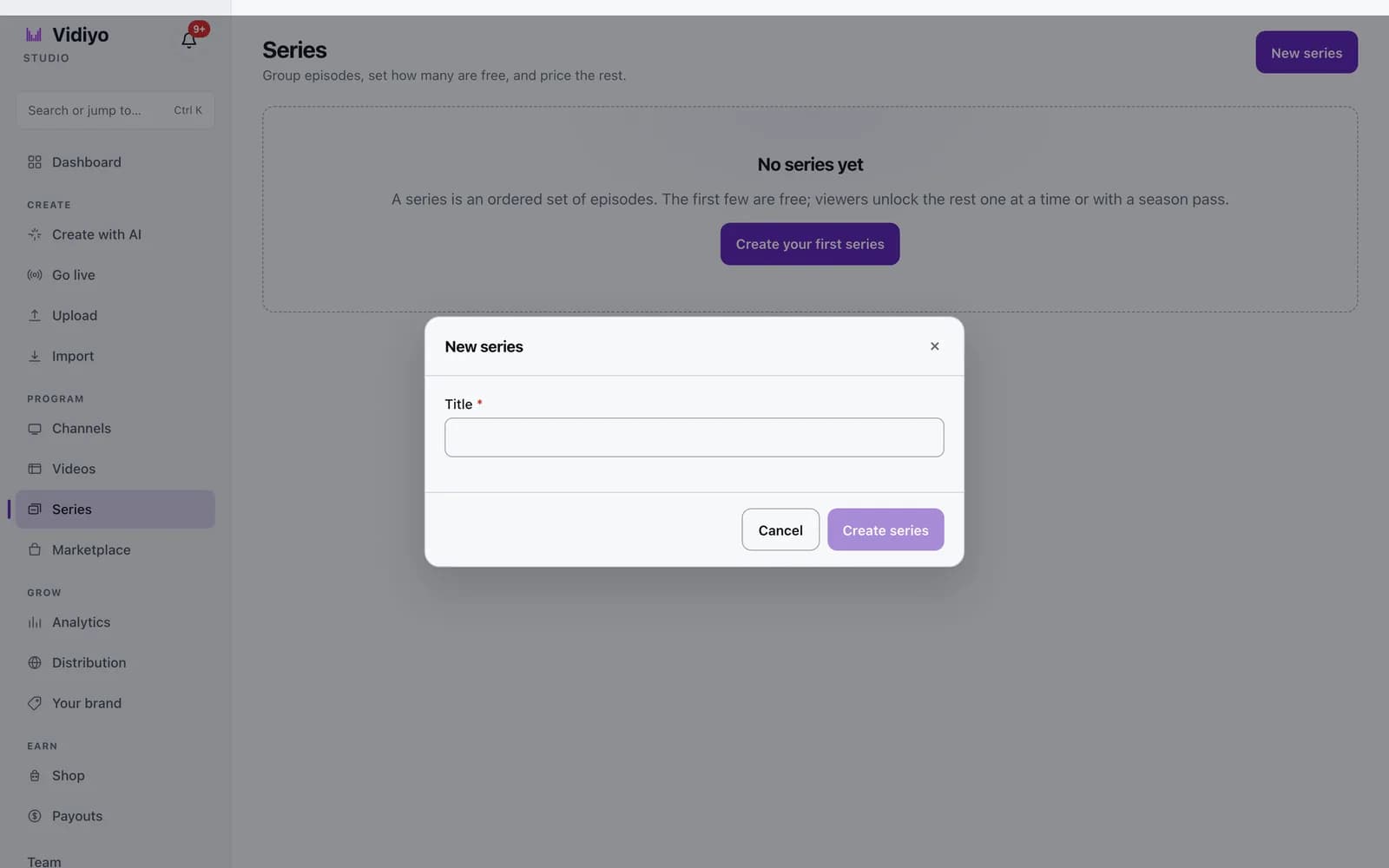 The New series dialog with a required Title field, a Cancel button, and a Create series button