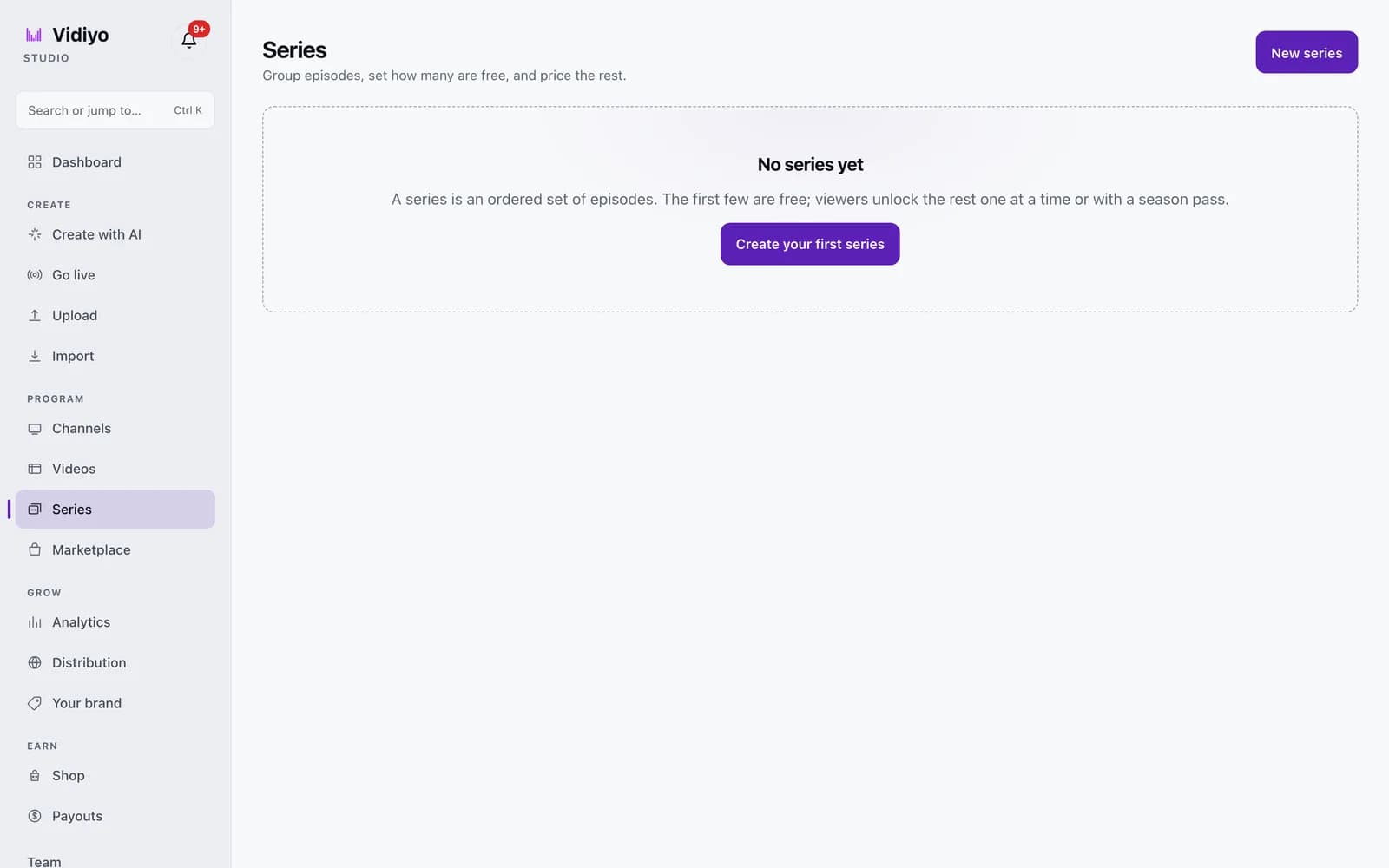 The Series page in Vidiyo Studio showing the No series yet empty state, a Create your first series button, and a New series button in the top right.