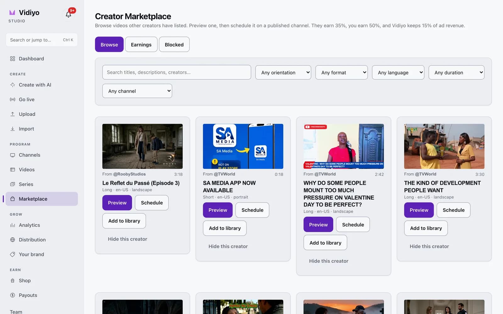 The Creator Marketplace Browse tab in Vidiyo Studio with search and filter controls and a grid of listed videos, each with Preview, Schedule, Add to library, and Hide this creator buttons.