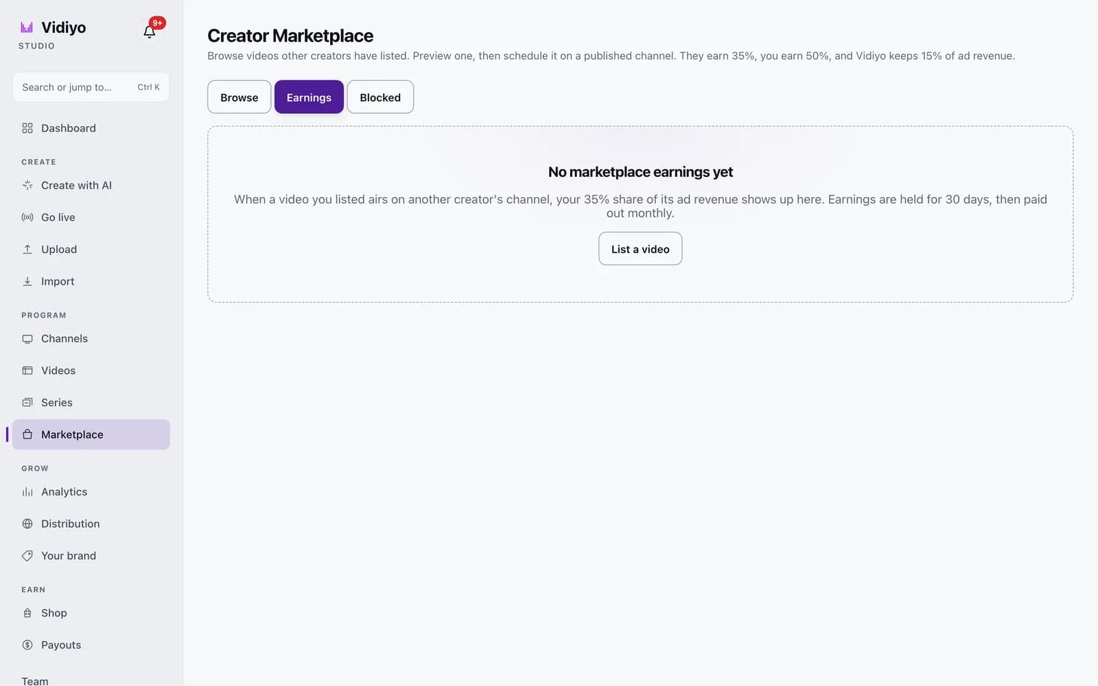 The Earnings tab of the Creator Marketplace showing the No marketplace earnings yet state with a List a video button.