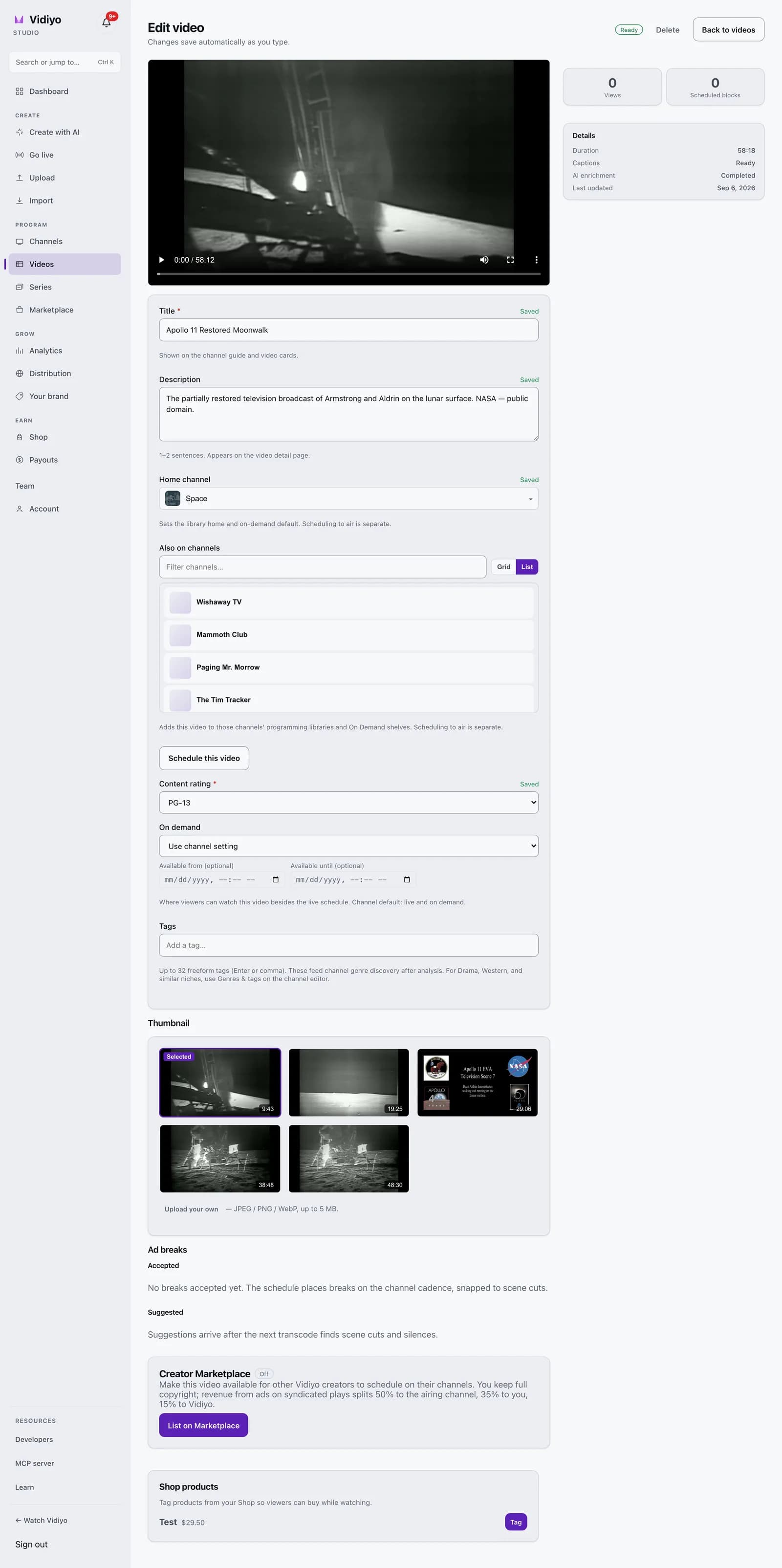 The full Edit video page showing the player, Title, Description, Home channel, Also on channels, Content rating, On demand, Tags, Thumbnail, Ad breaks, Creator Marketplace, and Shop products sections