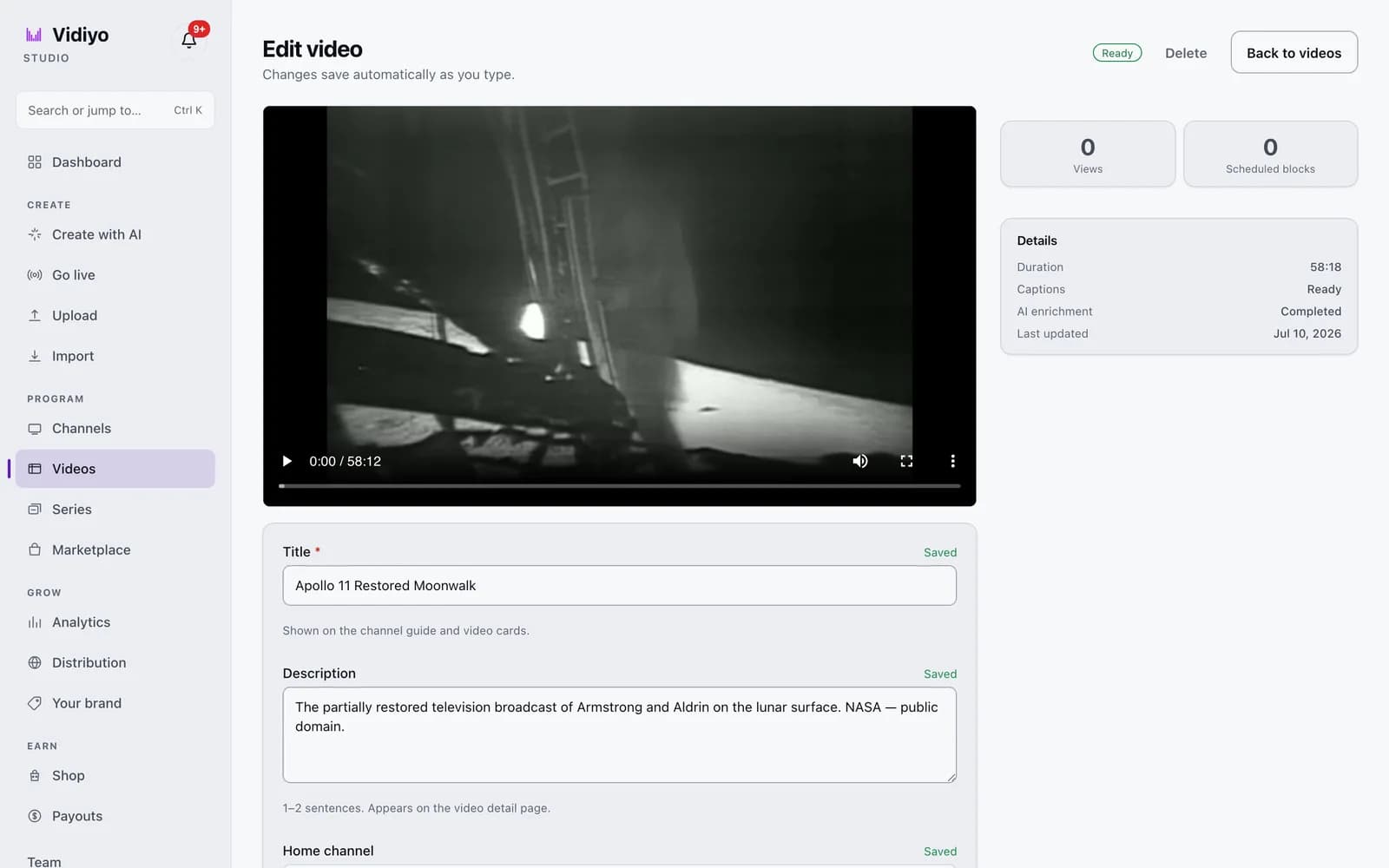 The Edit video page in Vidiyo Studio with a video player, a Details card showing duration and captions, and Title and Description fields each marked Saved.