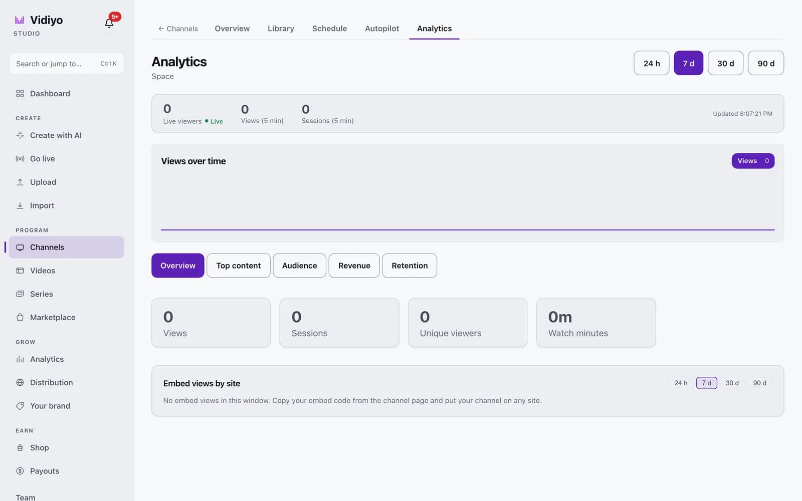 The channel Analytics tab with a live bar, a Views over time chart, the Overview, Top content, Audience, Revenue, and Retention tabs, and an Embed views by site card.