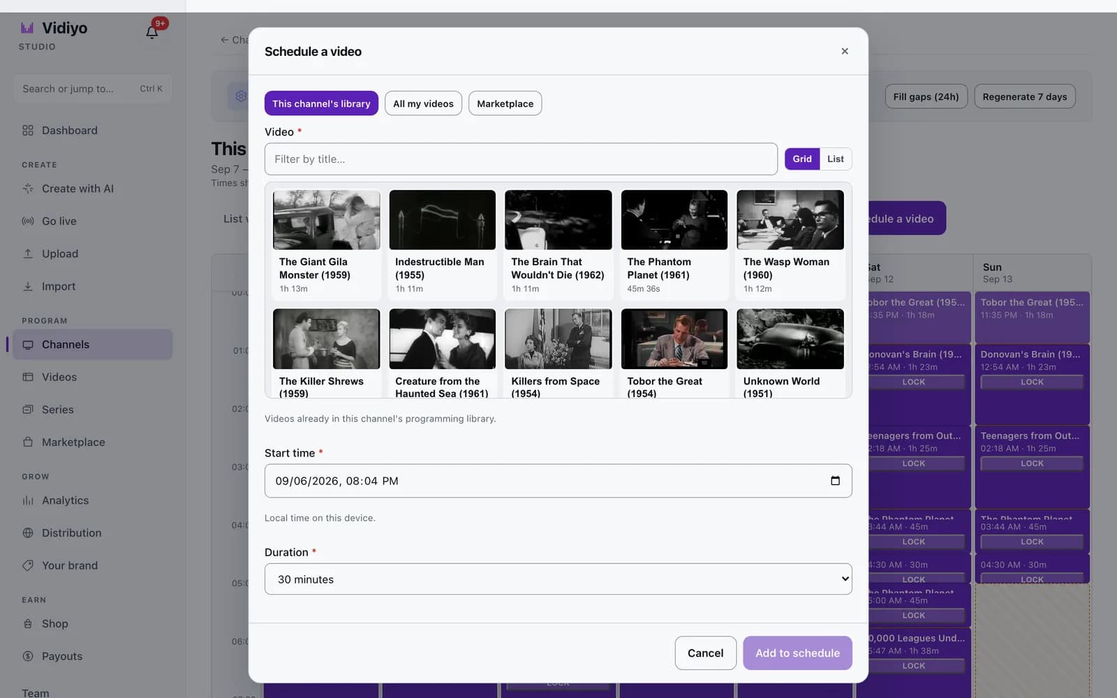 The Schedule a video dialog with source tabs, a grid of video thumbnails, a Start time field, a Duration dropdown, and an Add to schedule button