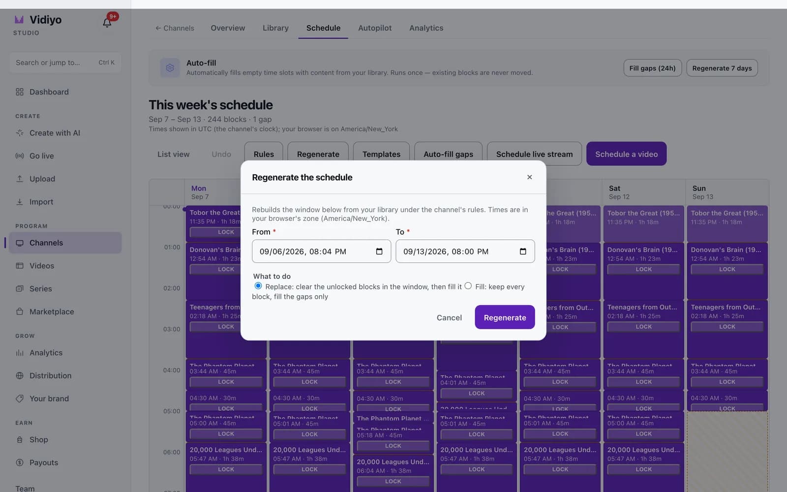 The Regenerate the schedule dialog with From and To date-time fields, a What to do choice between Replace and Fill, and a Regenerate button