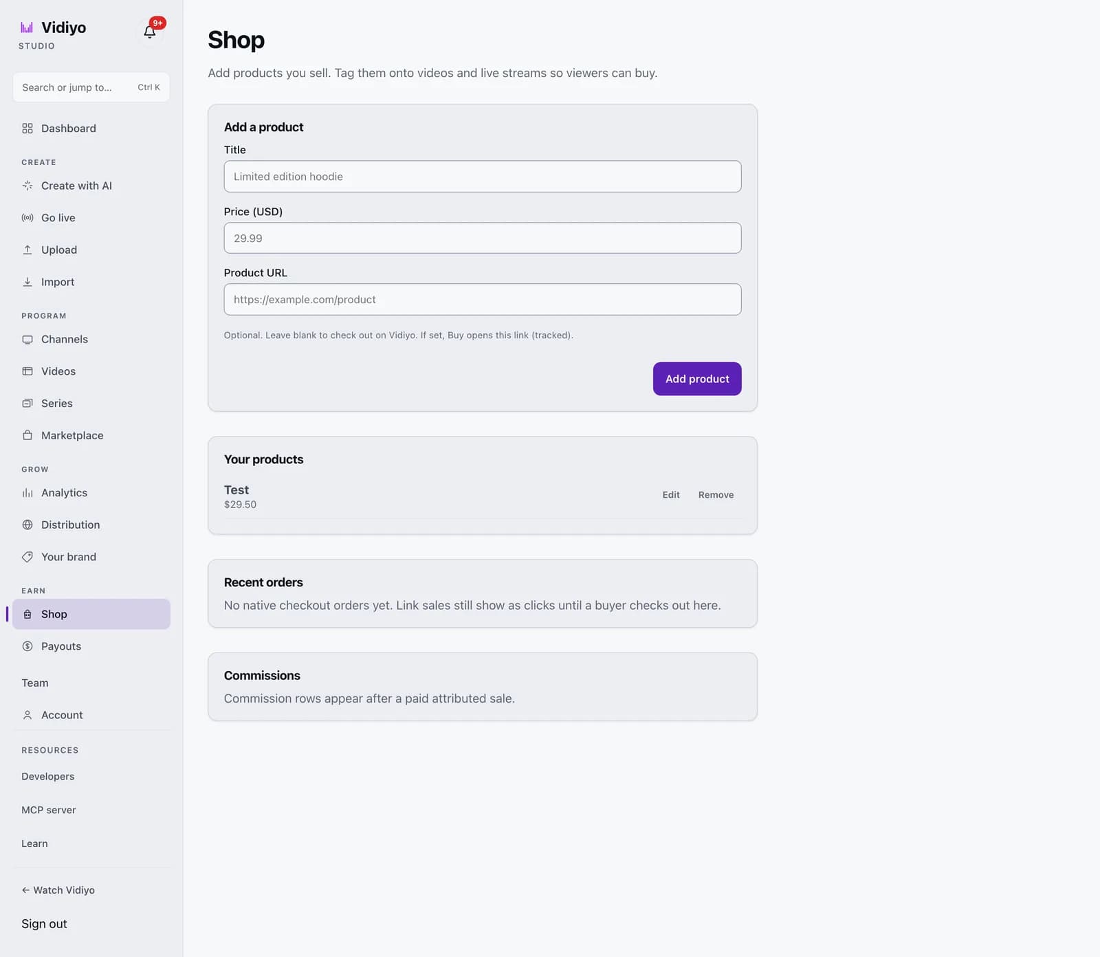 The full Shop page in Vidiyo Studio, including the Commissions card at the bottom and the sidebar sections Earn, Team, Account, and Resources.