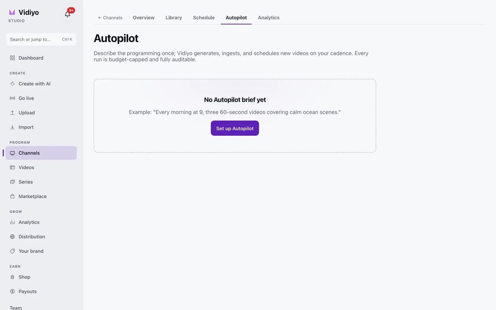 The Autopilot tab of a channel in Vidiyo Studio with the heading Autopilot, an empty state reading No Autopilot brief yet with an example sentence, and a Set up Autopilot button