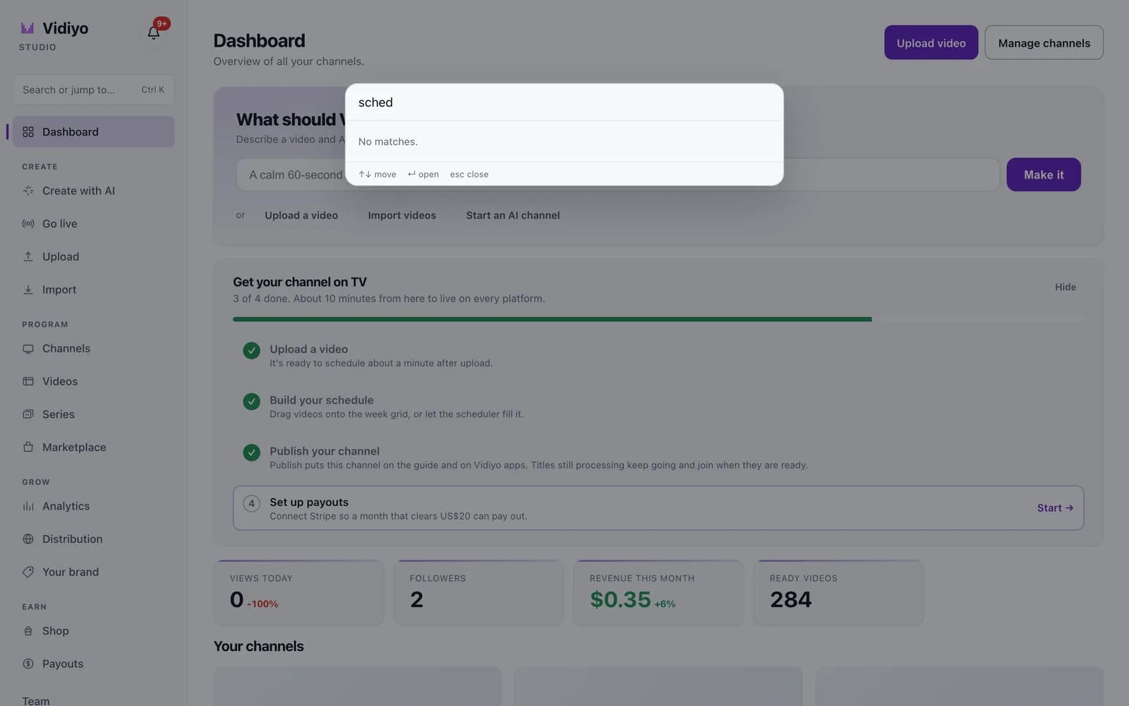 The command palette open over the Dashboard with the query sched typed in and the message No matches