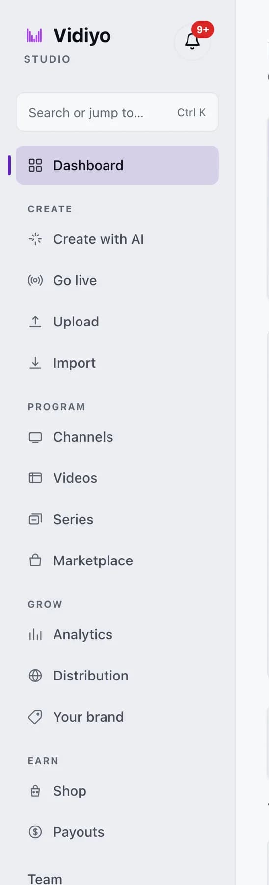 The Studio sidebar: the search box, the Dashboard link, then the Create, Program, Grow, and Earn sections, with Team below