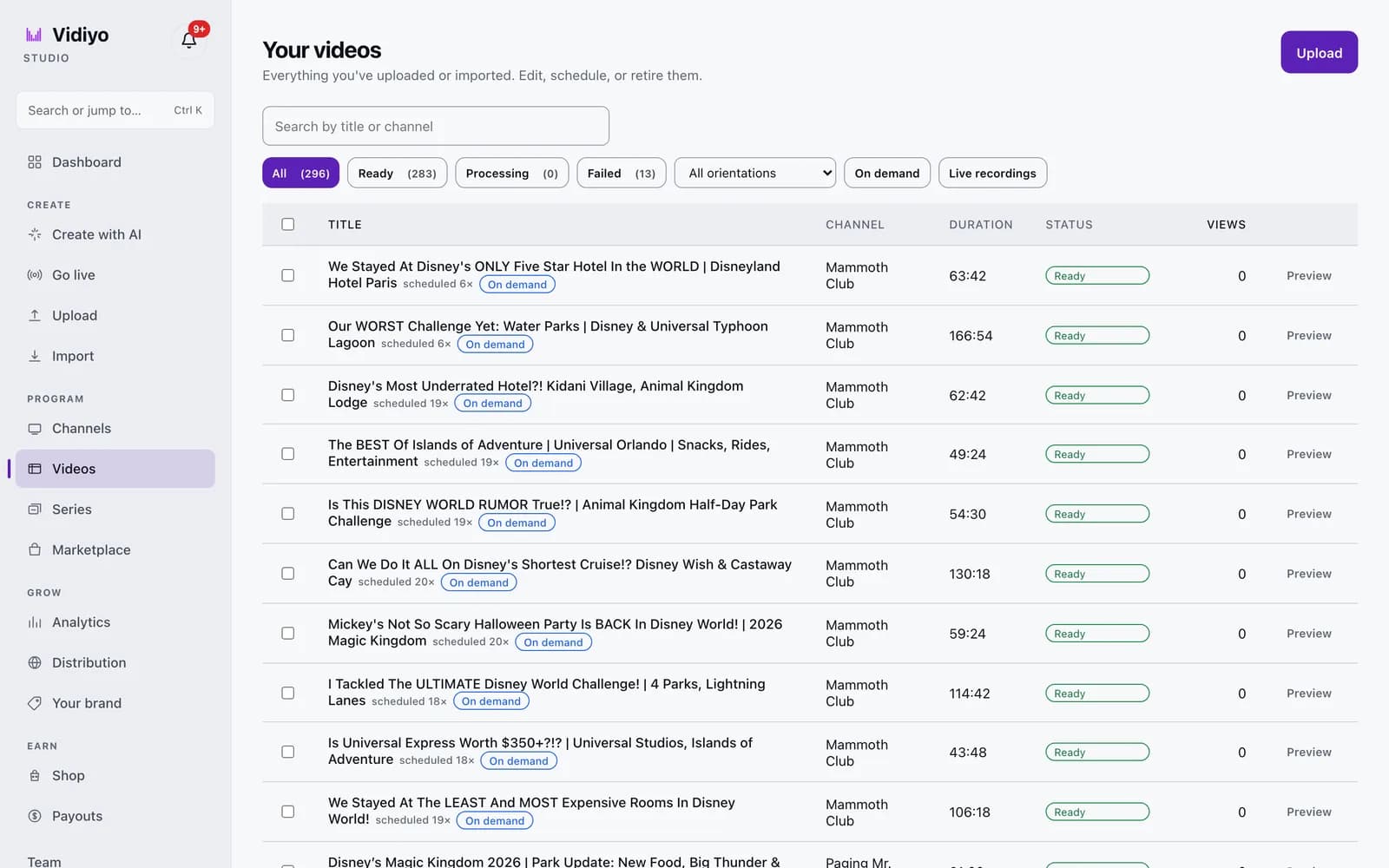 The Your videos page listing videos with channel, duration, a Ready status chip, views, and a Preview link, with All, Ready, Processing, and Failed filters above