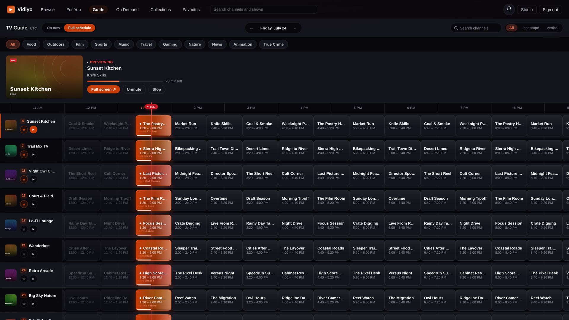 The Vidiyo TV guide: a full program grid with a live preview player