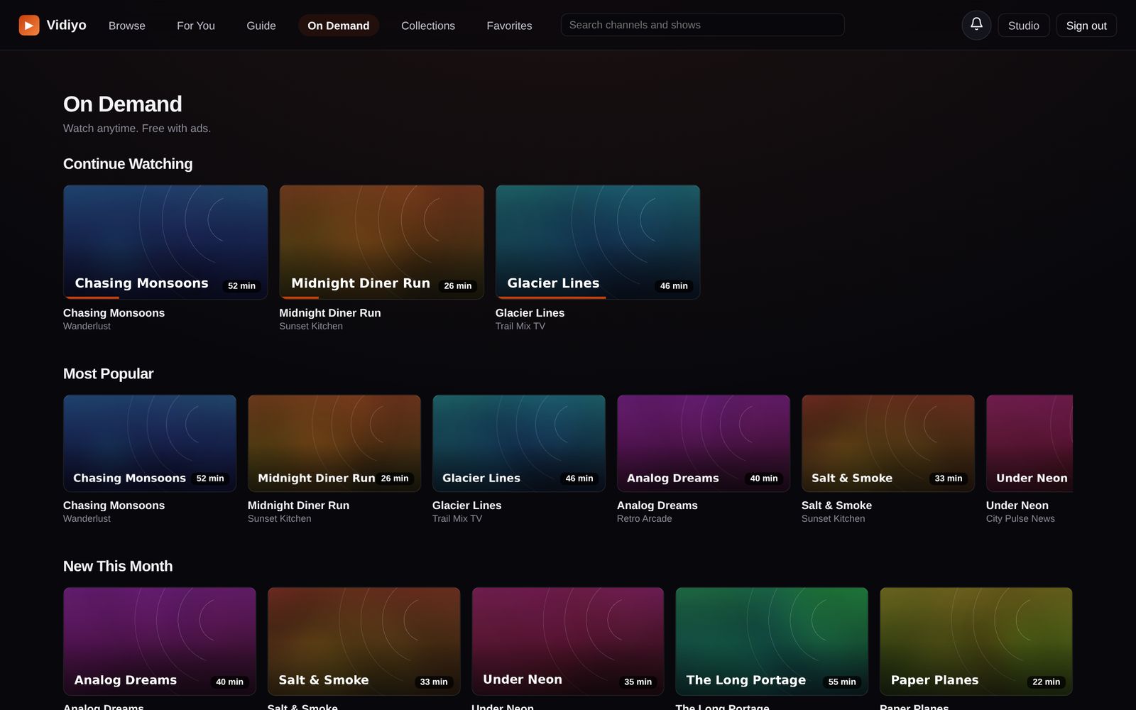 Vidiyo On Demand: Continue Watching, Most Popular, and New This Month rails